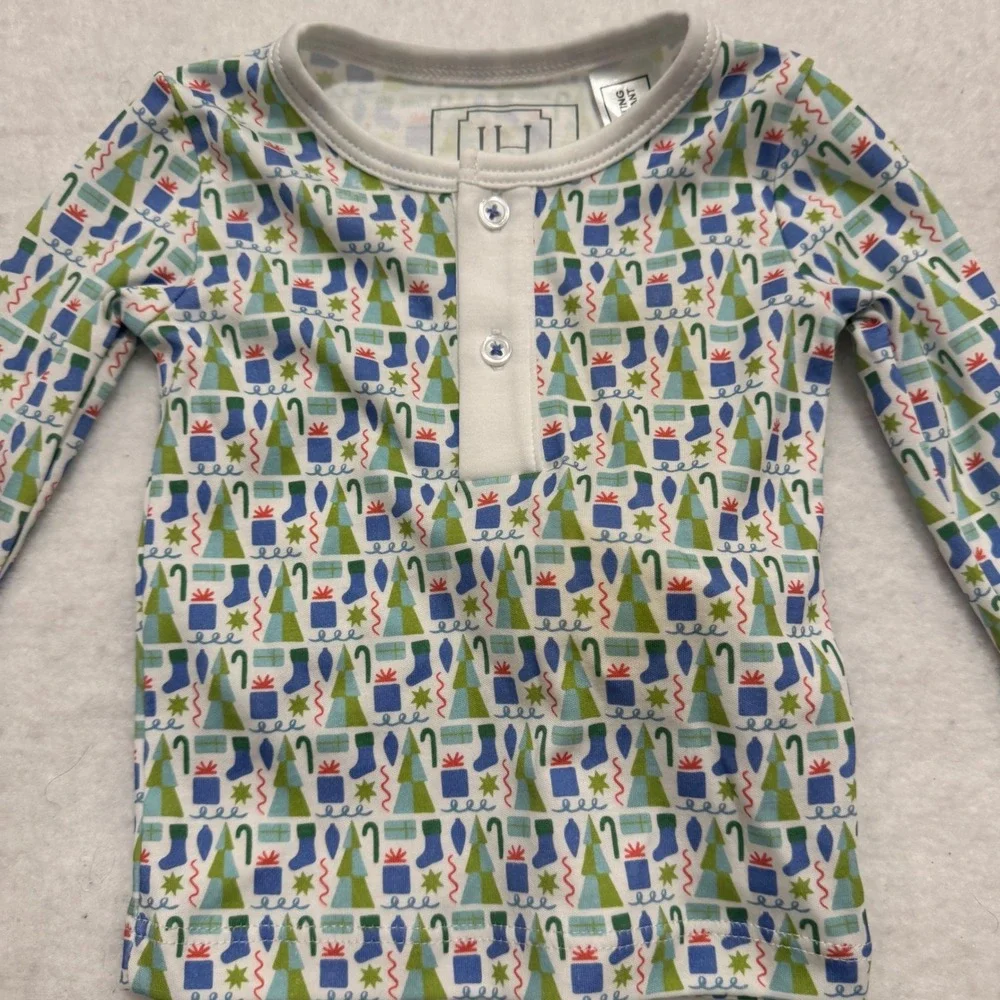 Lila and Hayes Kids Christmas Pajama Set‎ 100% Pima Cotton Blue Green 6-12M NWT